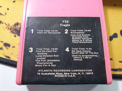 A copy of Yes' Fragile on 8-track. It's pink!