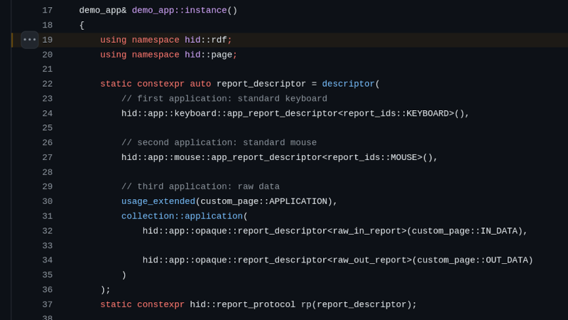screenshot of the code defining a hid descriptor by using essentially macros for common descriptor types