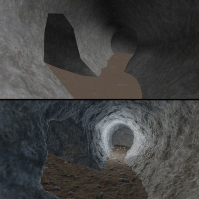 The same scene in Blender (above) and in the voxel-based renderer (below). (Credit: Daniel Schroeder)