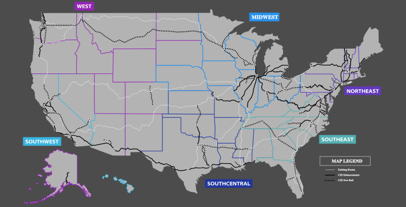 A map of the US showing the potential changes to passenger rail service due to the Corridor ID Program