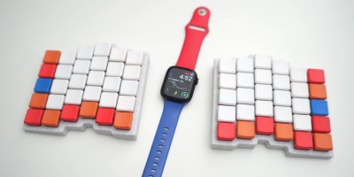 [Christian Selig]'s dream keyboard, a made-from-scratch, column-staggered, ortholinear split with a matching smart watch between the halves.