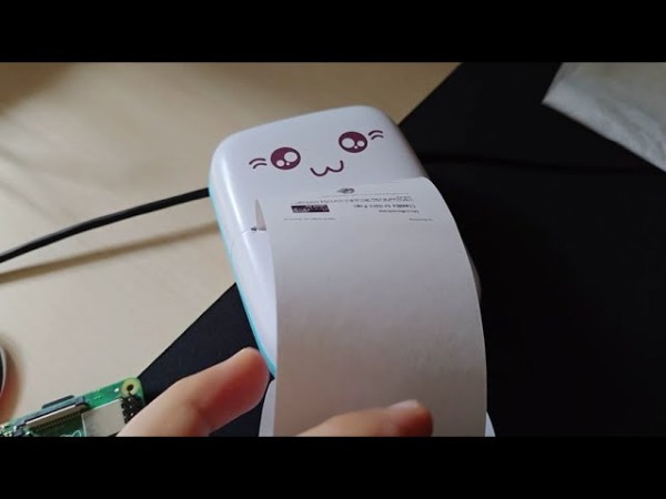 A small, white thermal printer with a cartoon cat face above the paper outlet. It is sitting on a black mat on top of a pale wooden table. A Raspberry Pi sits nearby.