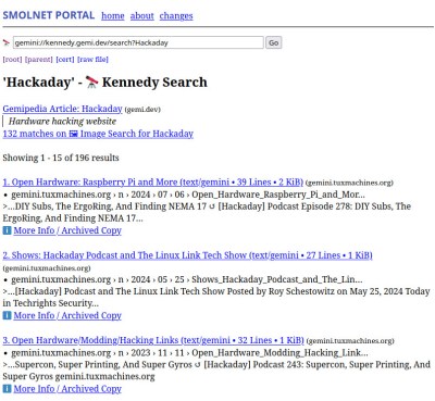 A Kennedy search engine Gemini search page for "Hackaday".