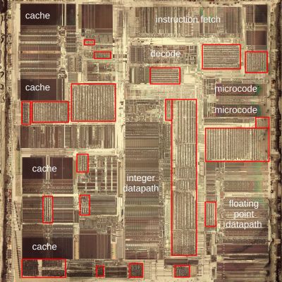 Die photo of the Intel Pentium processor with standard cells highlighted in red. The edges of the chip suffered some damage when I removed the metal layers. (Credit: Ken Shirriff)