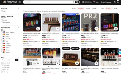 An AliExpress page of Nixie clock kits