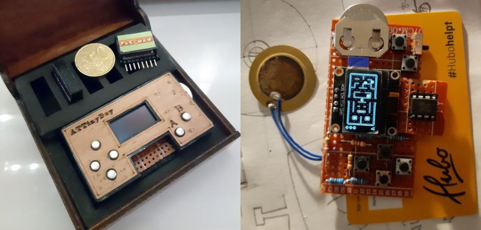 Left: the ATtinyBoy and cartridges inside a custom case. Right: ATTinyBoy under the hood.