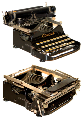 The Corona 3 folding typewriter, both folded and not.