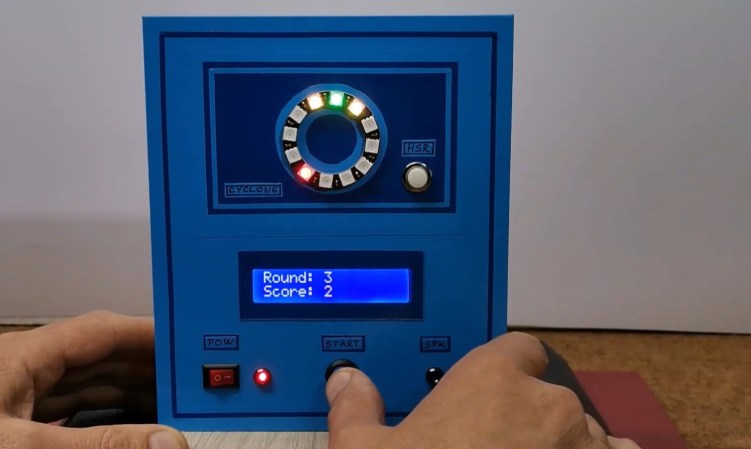 A mini Cyclone game consisting of an Arduino, an LED ring, and button, plus a scoreboard on a 16x2 LCD.