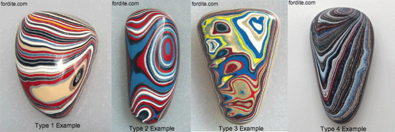 The four different types of Fordite. 