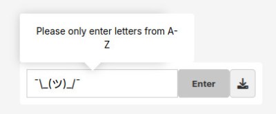 The text entry form with a pop-up warning only A to Z are accepted.