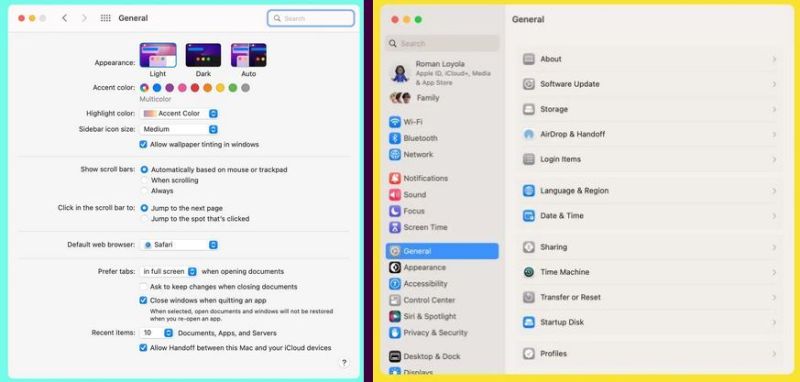 Monterey’s General system preferences (left) are different from Ventura’s General system settings (right). (Credit: MacWorld)