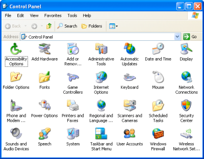 The Windows XP Control Panel in 'Classic' view. (2001) (Source: suffieldacademy.org)