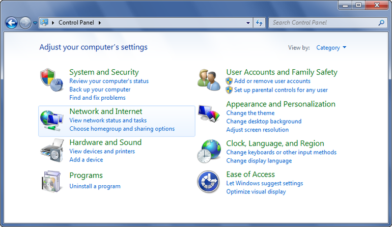 Windows 7 Control Panel (2009) in category view. (Source: techrepublic.com)