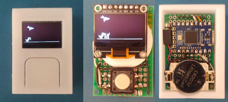 Three different views of a tiny games console with a screen and a single button. It's assembled in the first picture, and the guts are shown in the second two pictures.