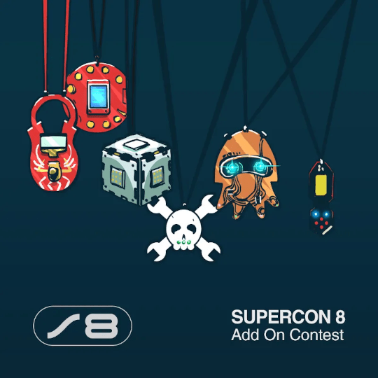 A square image with the Supercon 8 Add-On Contest art featuring six SAOs hanging from lanyards.