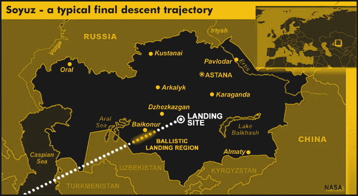 Map of Kazakhstan showing the landing trajectory of Soyuz space capsules