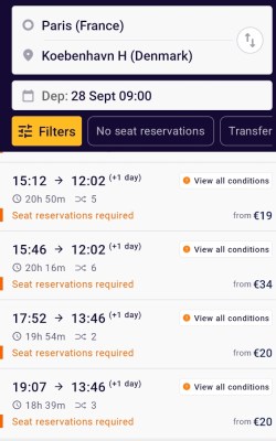 Screenshot of the eurail app, Paris to Copenhagen