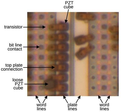 Structure of the Ramtron FeRAM. The image is focus-stacked for clarity. (Credit: Ken Shirriff)