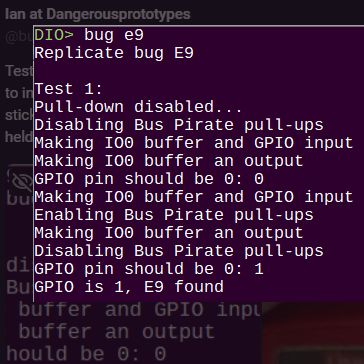 Ian from Dangerous Prototypes demonstrating the RP2350-E9 issue in a Bus Pirate prototype without pull-ups.