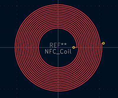 An antenna coil PCB trace as generated by a KiCad plugin. 