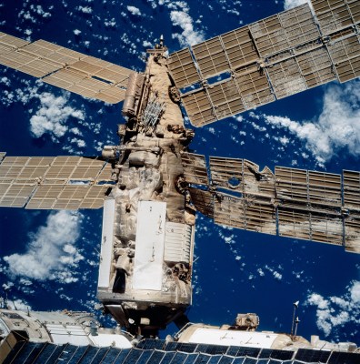 Damaged solar arrays on Mir's Spektr module following a collision with an uncrewed Progress spacecraft in September 1997 (Credit: NASA)