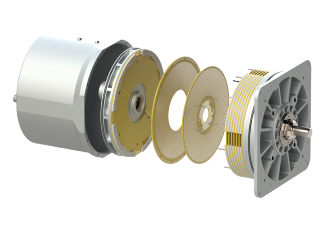 An exploded view of an electrostatic motor from manufacturer C-Motive. There is a silvery cylinder on the left, two half silver and half golden disks on either side and two thinner gold disks in the center. A square mountin plate is on the right hand side next to one of the silver/gold disks.