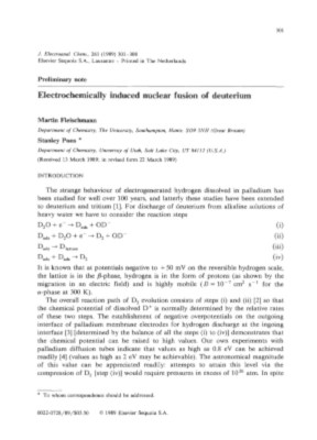 The first page of a scientific paper: "Electrochemically induced nuclear fusion of deuterium".