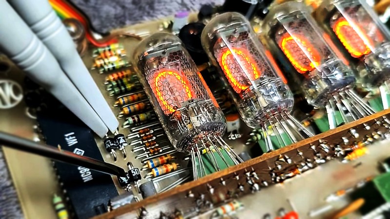 Close up of a DA14 nixie multimeter