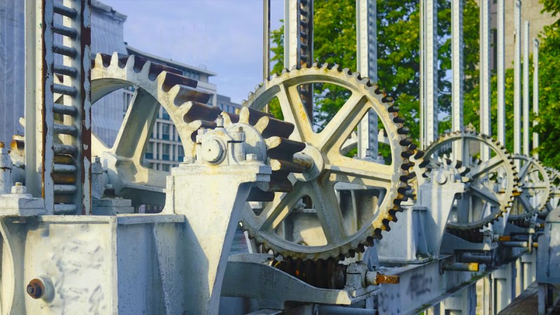 Large gears on a bridge in Geneva, Switzerland