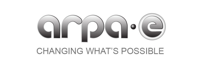 Stylized silver text with the the word: "arpa-e" over the further text: "Changing What's Possible"