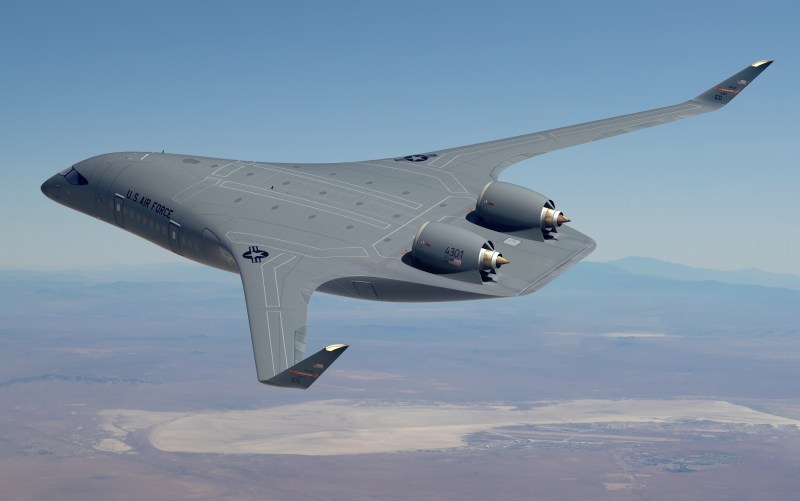 Rendering of a JetZero blended wing body aircraft with US Air Force markings. (Credit: US Air Force)