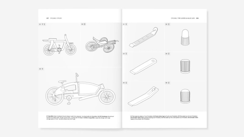 A light grey background with white and black line drawings of three different bicycles on one page and three different tire levers and three different valve covers for bikes on the other.