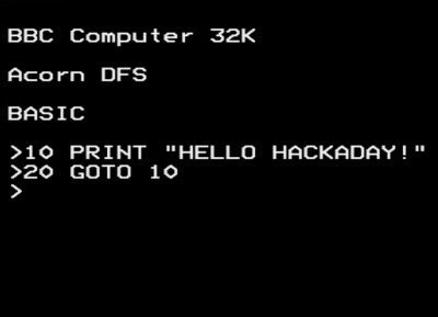 A BBC Micro BASIC program that writes "HELLO HACKADAY!" to the screen multiple times.