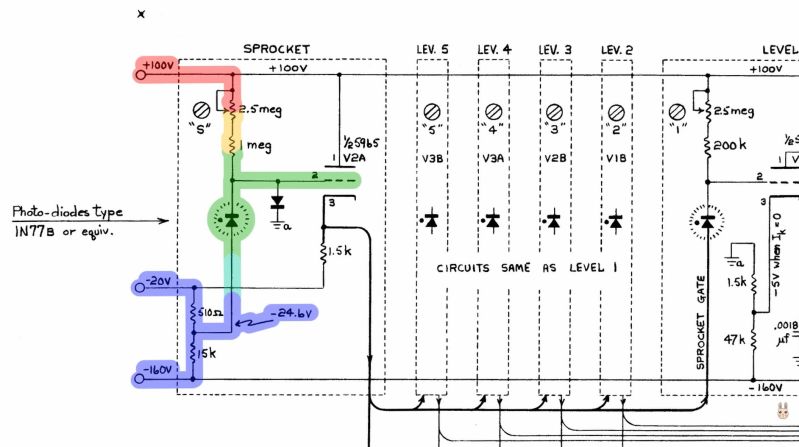 Excerpt from the Bendix G-15 schematics for the tape reader, showing the biasing of the clock signal photodiode. (Credit: David Lovett, Usagi Electric)