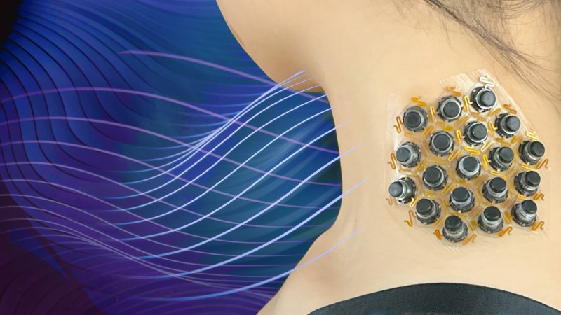 Close-up of a woman's neck with a haptic patch