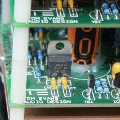 One of the power supply boards in the Tom Evans Mastergroove SR MkIII preamplifier. (Credit: Mend it Mark, YouTube)
