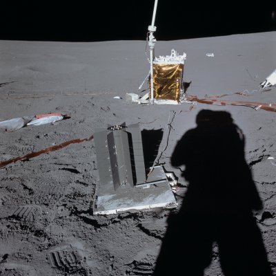 Down-Sun picture of the RTG with the Central Station in the background. (Credit: NASA)