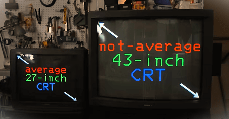 Size comparison of a 27 in CRT TV next to a 43 in CRT TV.