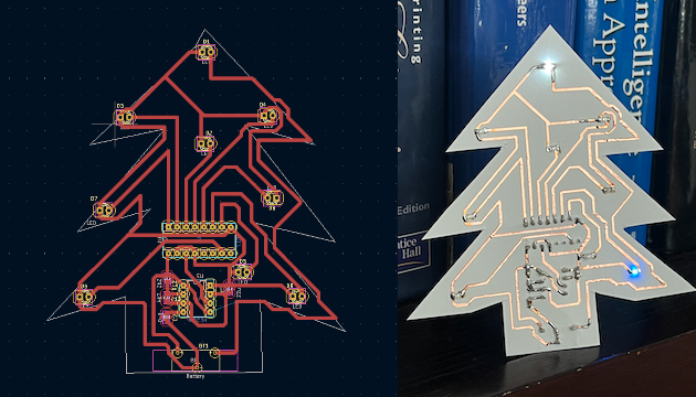 Left: the traces of a flashy paper Christmas tree. Right: the finished tree on cardstock.