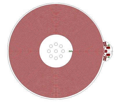 A 125kHz PCB antenna, a spiral pattern on a PCB.