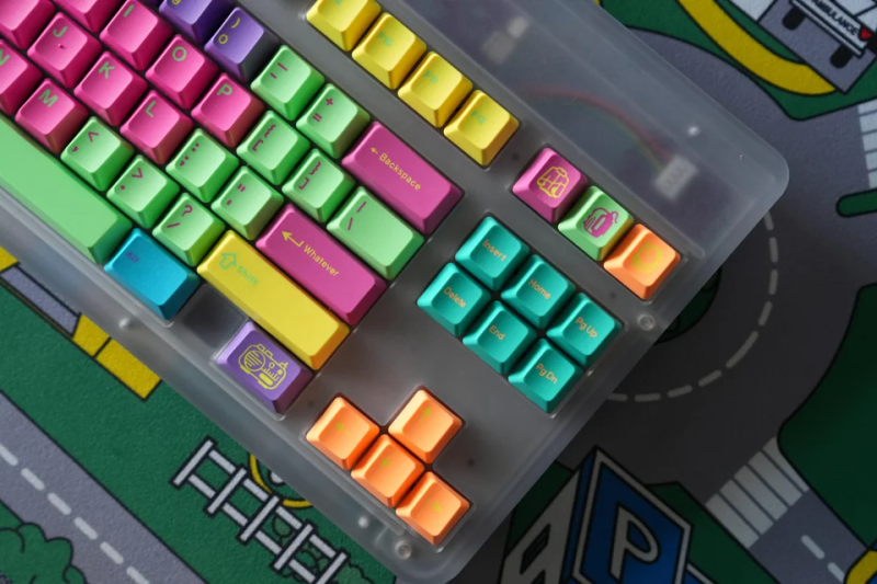 A Sho SRX keyboard with candy-colored DCS Windbreaker keycaps.