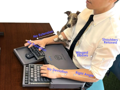 Get this: it's an AI-powered keyboard that retracts to reveal a mouse and a 10-key. And there's someone sitting at it in this picture, and someone annotated it a la John Madden.