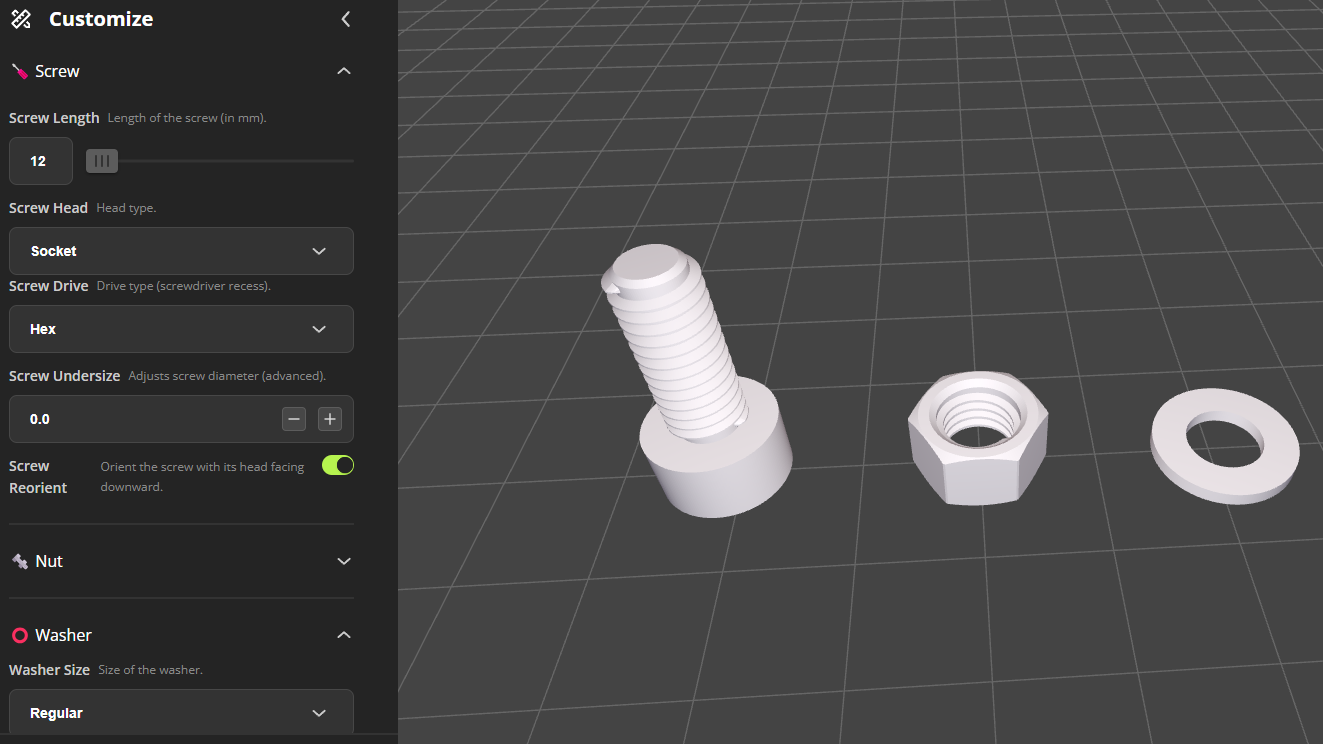 Handy Online Metric Screw, Nut, and Washer Generator