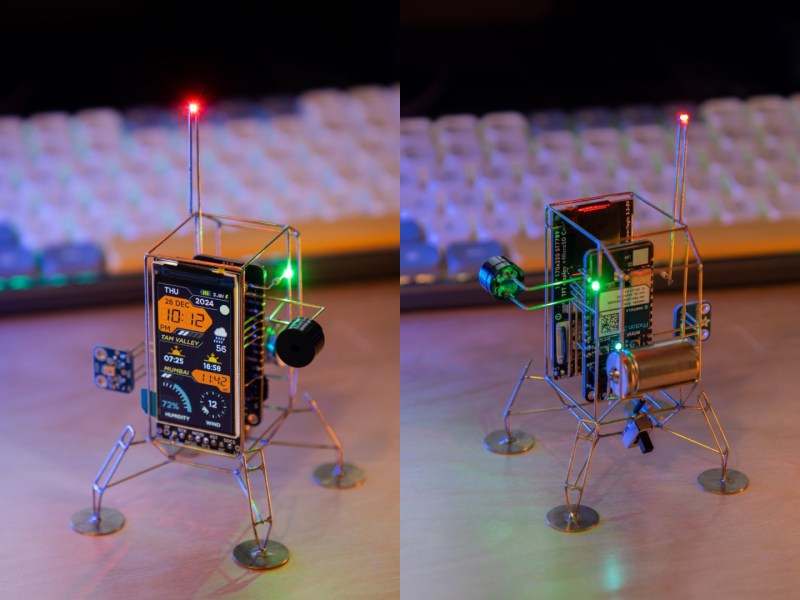 Front and rear views of a lander circuit sculpture that retrieves weather data and displays it on a screen.