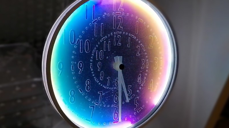 Polarizer clock with rainbow glow clockface