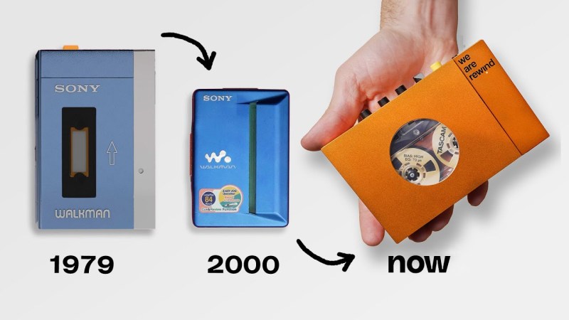 An image showing an original grey and blue Sony Walkman with the text "1970" below it, and an arrow pointing to the right of it at a much smaller blue Walkman with the text "2000" underneath it, and a final arrow pointing to the right to a bright orange cassette player by We Are Rewind in a man's hand with the text "now" beneath it.