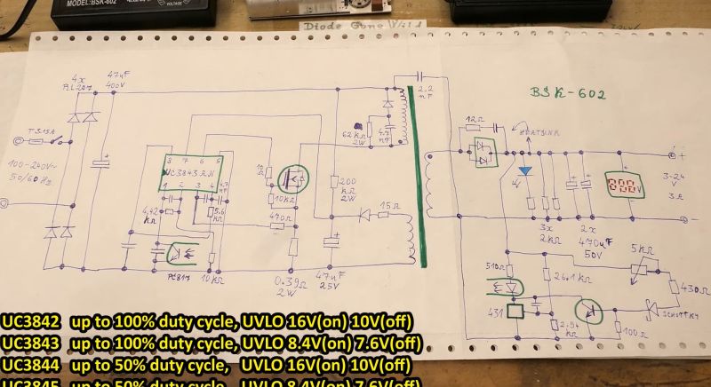 UC3843-based BSK-602 circuit schematic in all its dodgy glory. (Credit: Diode Gone Wild, YouTube)