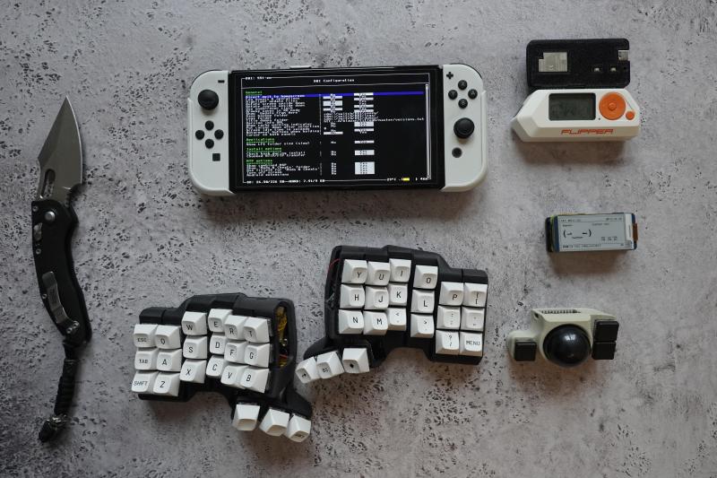 A knife, a Nintendo Switch in hacking mode, a Skeletyl keyboard, a Flipper, a Pwnagotchi, and minimal trackball, all laid out everyday carry-style.