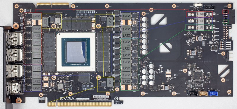 EVGA RTX 3090 Ti GPU with triple phase distribution marked. Yellow is PCIe slot power. (Credit: taka, TechPowerUp forums)