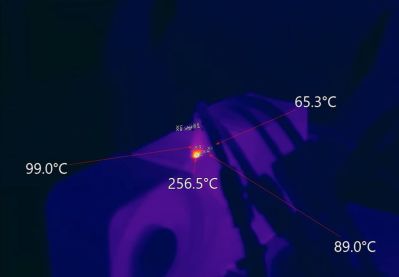 Hot spot of a 12VHPWR connector on NVidia RTX 4090 Founders Edition GPU. (Credit: Gamers Nexus, YouTube)